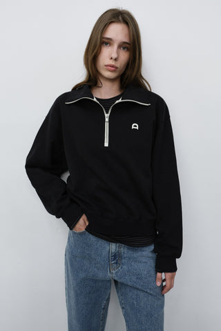 UNISEX LEATHER LOGO HALF ZIP-UP SWEATSHIRT BLACK