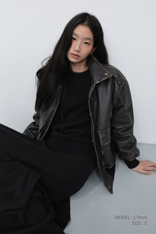 UNISEX DETACHABLE A-2 LEATHER BLOUSON BRUSHED BLACK