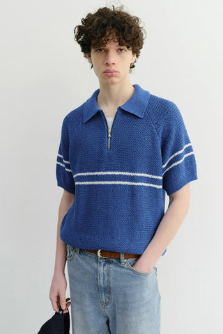 HALF ZIP-UP STRIPED POLO KNIT BLUE