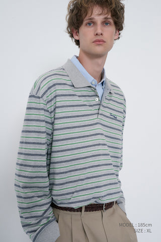 UNISEX MULTI STRIPE COLLARED T-SHIRT MELANGE GREY STRIPE