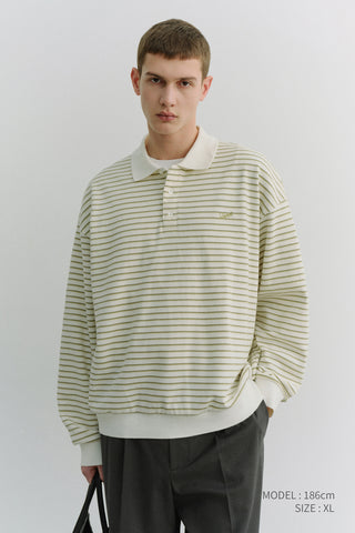 UNISEX STRIPED LOGO COLLARED T-SHIRT OLIVE STRIPE