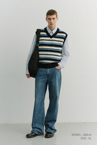 UNISEX CRAFTED STRIPED KNIT VEST NAVY CREAM