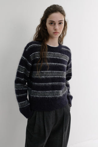UNISEX STRIPED HAIRY SWEATER NAVY GREY