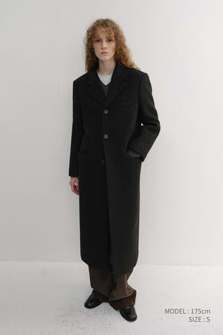 UNISEX 2-WAY 3 BUTTON BOUCLE WOOL COAT BLACK