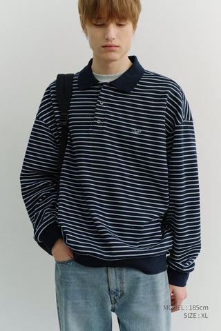 UNISEX STRIPED LOGO COLLARED T-SHIRT NAVY