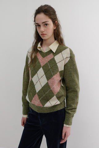 UNISEX HAIRY ALPACA ARGYLE SWEATER OLIVE KHAKI