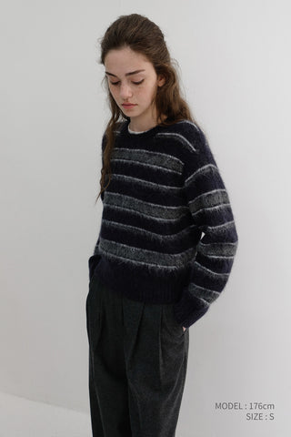 UNISEX STRIPED HAIRY SWEATER NAVY GREY