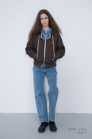 UNISEX LEATHER LOGO ZIP-UP HOODIE BROWN