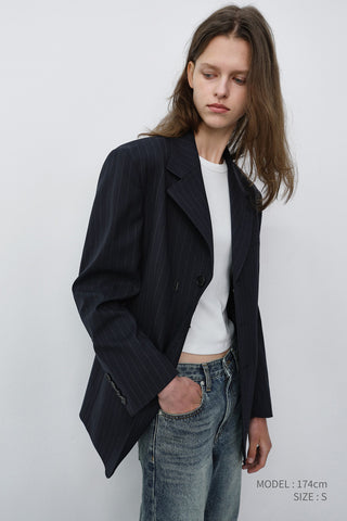 UNISEX REFINED MASCULINE WOOL BLAZER NAVY STRIPE