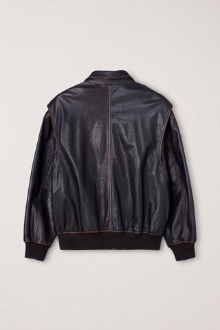UNISEX STAND COLLARED LEATHER BLOUSON BRUSHED BROWN
