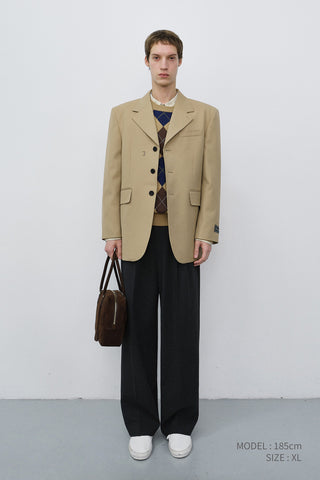 UNISEX REFINED MASCULINE WOOL BLAZER CARAMEL BEIGE