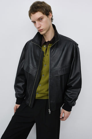 UNISEX STAND COLLARED LEATHER BLOUSON BLACK