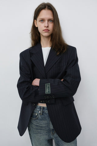 UNISEX REFINED MASCULINE WOOL BLAZER NAVY STRIPE