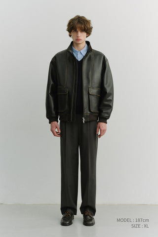 UNISEX STAND COLLARED LEATHER BLOUSON BRUSHED BLACK