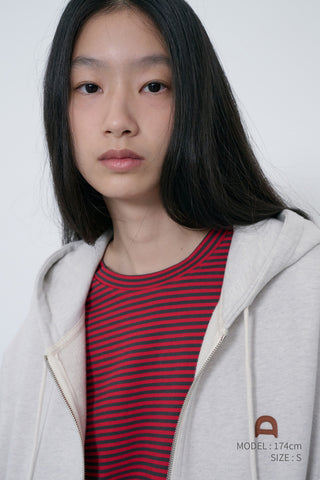 UNISEX LEATHER LOGO ZIP-UP HOODIE OATMEAL MELANGE