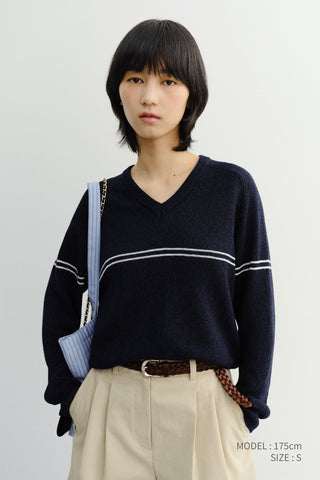 UNISEX V-NECK STRIPED SWEATER NAVY