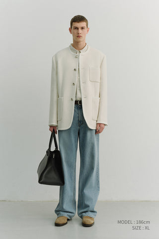 UNISEX COLLARLESS TWEED JACKET CREAM