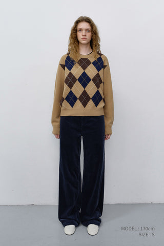 UNISEX ARGYLE CREWNECK SWEATER CAMEL BEIGE
