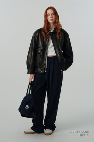 UNISEX LEATHER LOGO WIDE SWEAT PANTS FRENCH NAVY