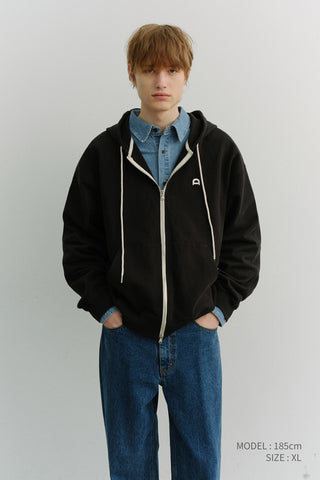 UNISEX LEATHER LOGO ZIP-UP HOODIE BLACK
