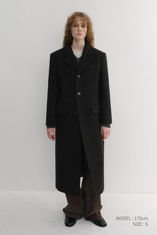 UNISEX 2-WAY 3 BUTTON BOUCLE WOOL COAT BLACK