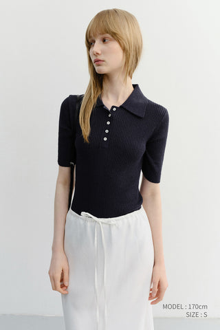 BUTTONED SLIM POLO KNIT NAVY