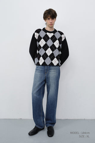 UNISEX ARGYLE CREWNECK SWEATER BLACK