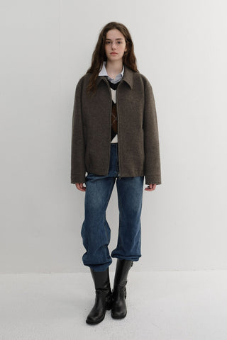 UNISEX COLLARED WOOL BLOUSON BROWN MELANGE