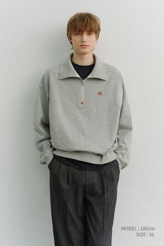 UNISEX LEATHER LOGO HALF ZIP-UP SWEATSHIRT MELANGE GREY