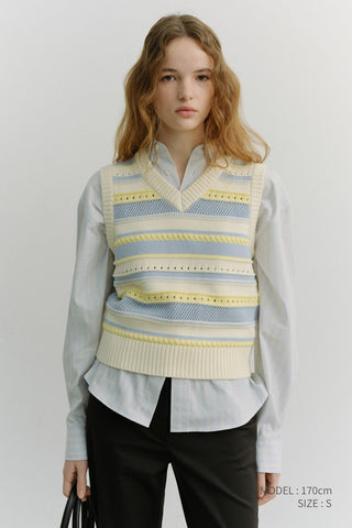 UNISEX CRAFTED STRIPED KNIT VEST CREAM SOFT BLUE