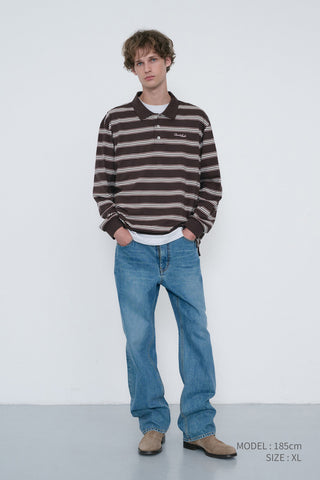 UNISEX MULTI STRIPE COLLARED T-SHIRT BROWN STRIPE