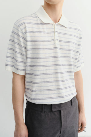 UNISEX STRIPED POLO KNIT WHITE SOFT BLUE