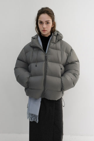 UNISEX HOODED VOLUME GOOSE DOWN JACKET GREYISH KHAKI