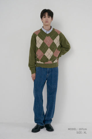 UNISEX HAIRY ALPACA ARGYLE SWEATER OLIVE KHAKI