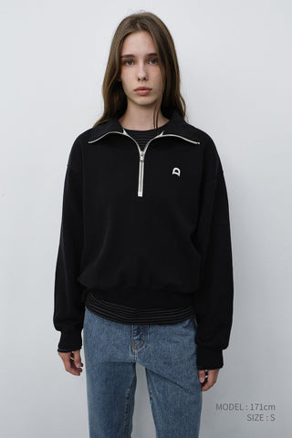 UNISEX LEATHER LOGO HALF ZIP-UP SWEATSHIRT BLACK