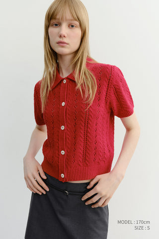 COLLARED HALF SLEEVE CARDIGAN RED
