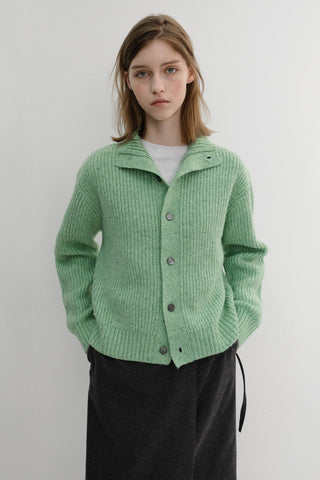 UNISEX HIGH NECK BUTTON CARDIGAN SOFT GREEN