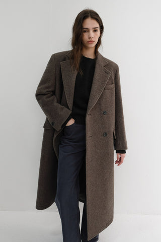UNISEX LOOSE DOUBLE-BREASTED COAT BROWN MELANGE