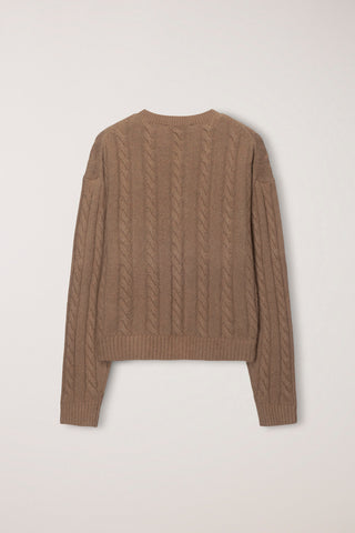 UNISEX HAIRY CABLE CREW NECK CARDIGAN CAMEL
