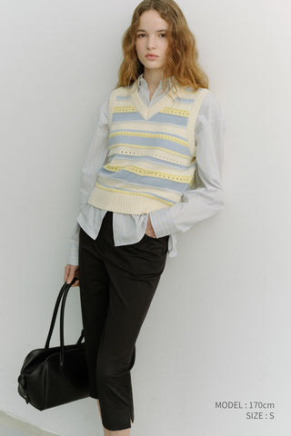 UNISEX CRAFTED STRIPED KNIT VEST CREAM SOFT BLUE