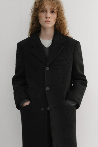 UNISEX 2-WAY 3 BUTTON BOUCLE WOOL COAT BLACK
