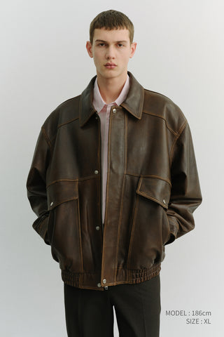 UNISEX OVERSIZED VINTAGE LEATHER BLOUSON BRUSHED BROWN