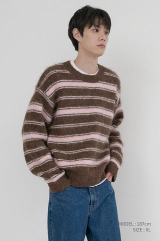 UNISEX STRIPED HAIRY SWEATER BROWN PINK