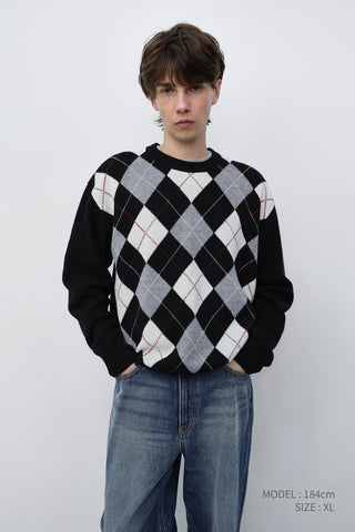 UNISEX ARGYLE CREWNECK SWEATER BLACK