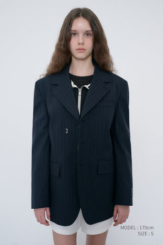 UNISEX REFINED MASCULINE WOOL BLAZER NAVY STRIPE