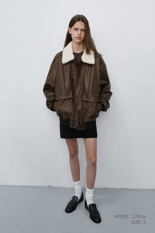 UNISEX DETACHABLE A-2 LEATHER BLOUSON BROWN