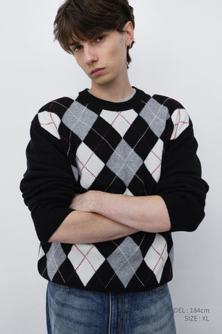 UNISEX ARGYLE CREWNECK SWEATER BLACK