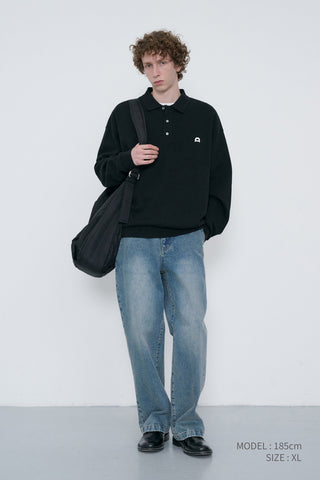 UNISEX LEATHER LOGO COLLARED T-SHIRT BLACK