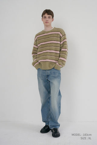 UNISEX STRIPED HAIRY SWEATER OLIVE PINK