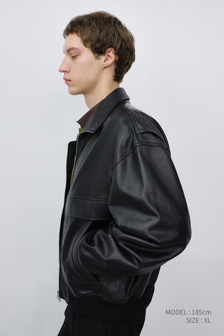 UNISEX STAND COLLARED LEATHER BLOUSON BLACK